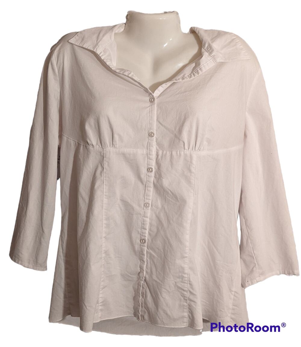 Cato White Smocked Back 3/4 Sleeve Collared Button Down Casual Work Blouse Top L